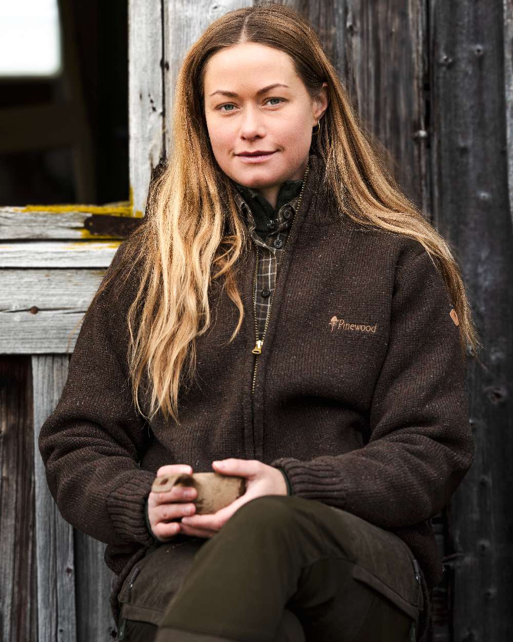 Dark Brown Mel Coloured Pinewood Womens Hurricane Full Zip Sweater on outdoor background 