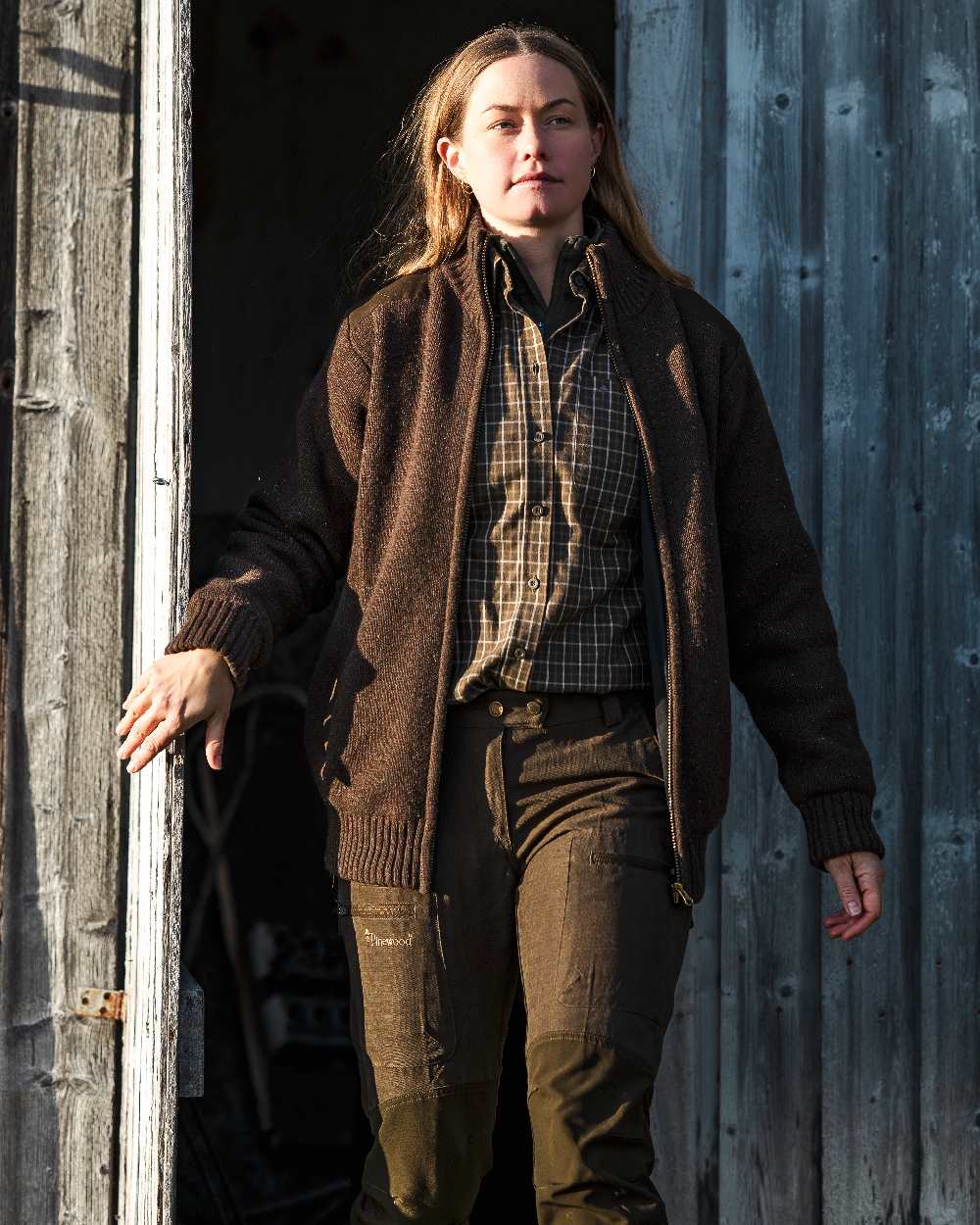 Dark Brown Mel Coloured Pinewood Womens Hurricane Full Zip Sweater on outdoor background 
