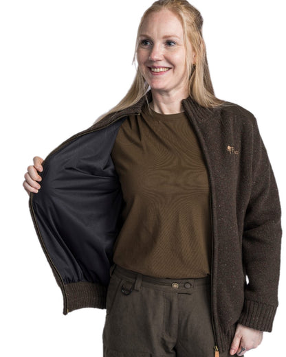 Dark Brown Mel Coloured Pinewood Womens Hurricane Full Zip Sweater on white background 