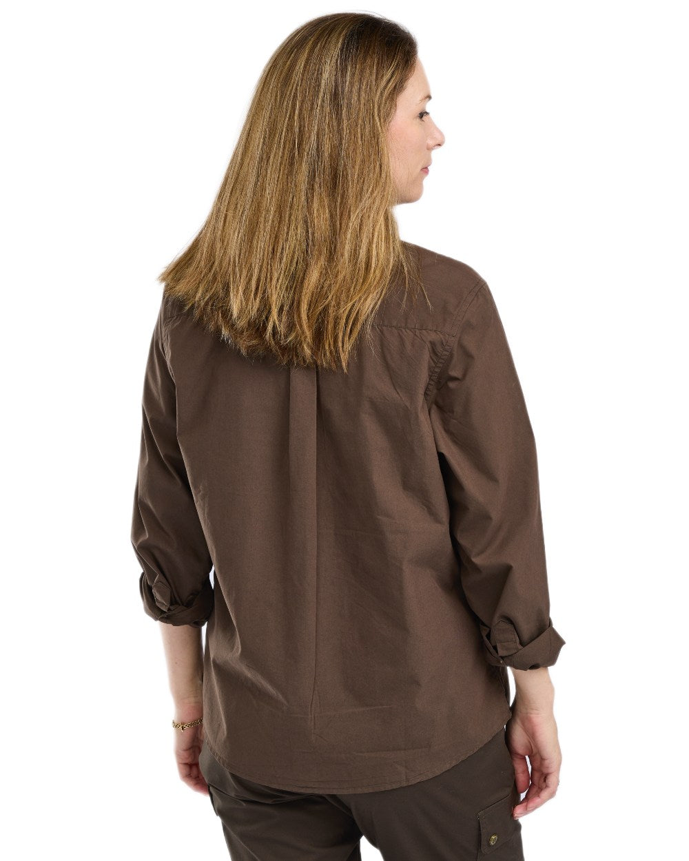 Dark Olive coloured Pinewood Womens InsectSafe Poplin Long Sleeve Shirt on white background 