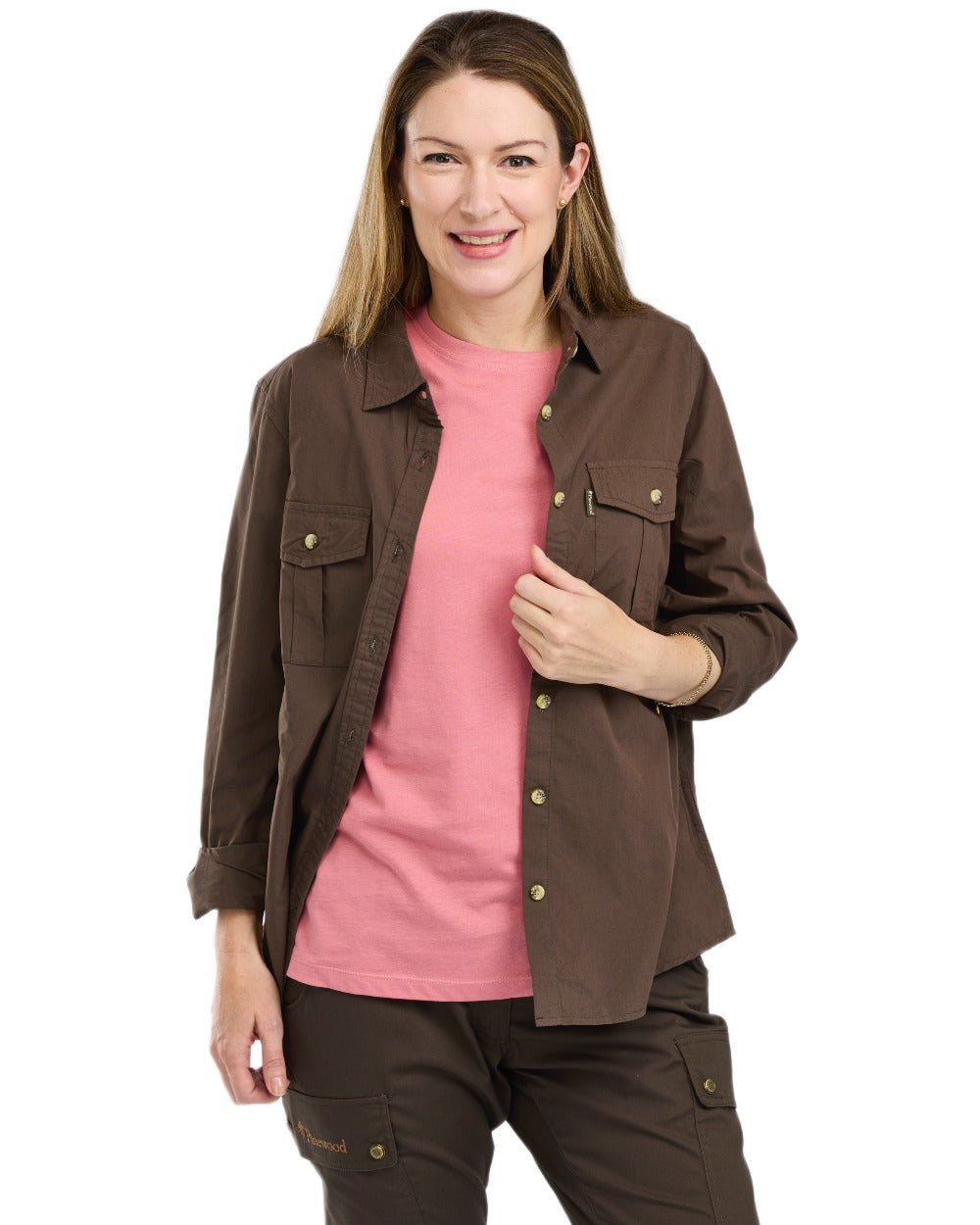Dark Olive coloured Pinewood Womens InsectSafe Poplin Long Sleeve Shirt on white background 