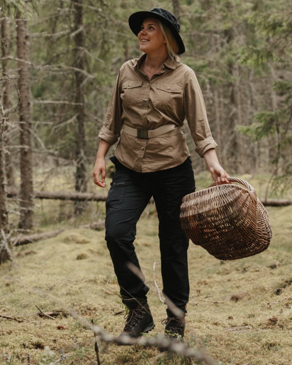 Sandstone coloured Pinewood Womens InsectSafe Poplin Long Sleeve Shirt on forest background 