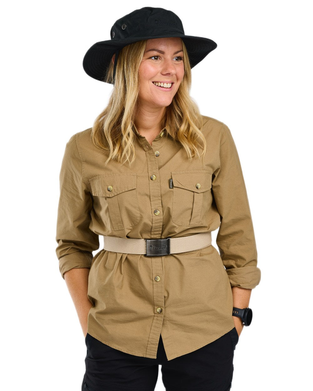 Sandstone coloured Pinewood Womens InsectSafe Poplin Long Sleeve Shirt on white background 
