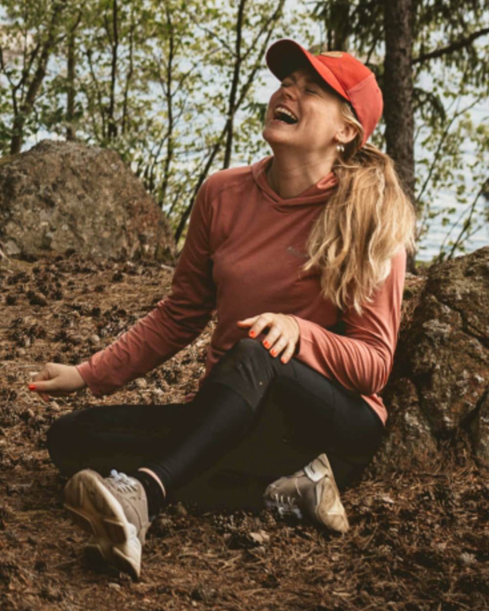 Brick Pink coloured Pinewood Womens Insectsafe Function Hoodie on forest background 