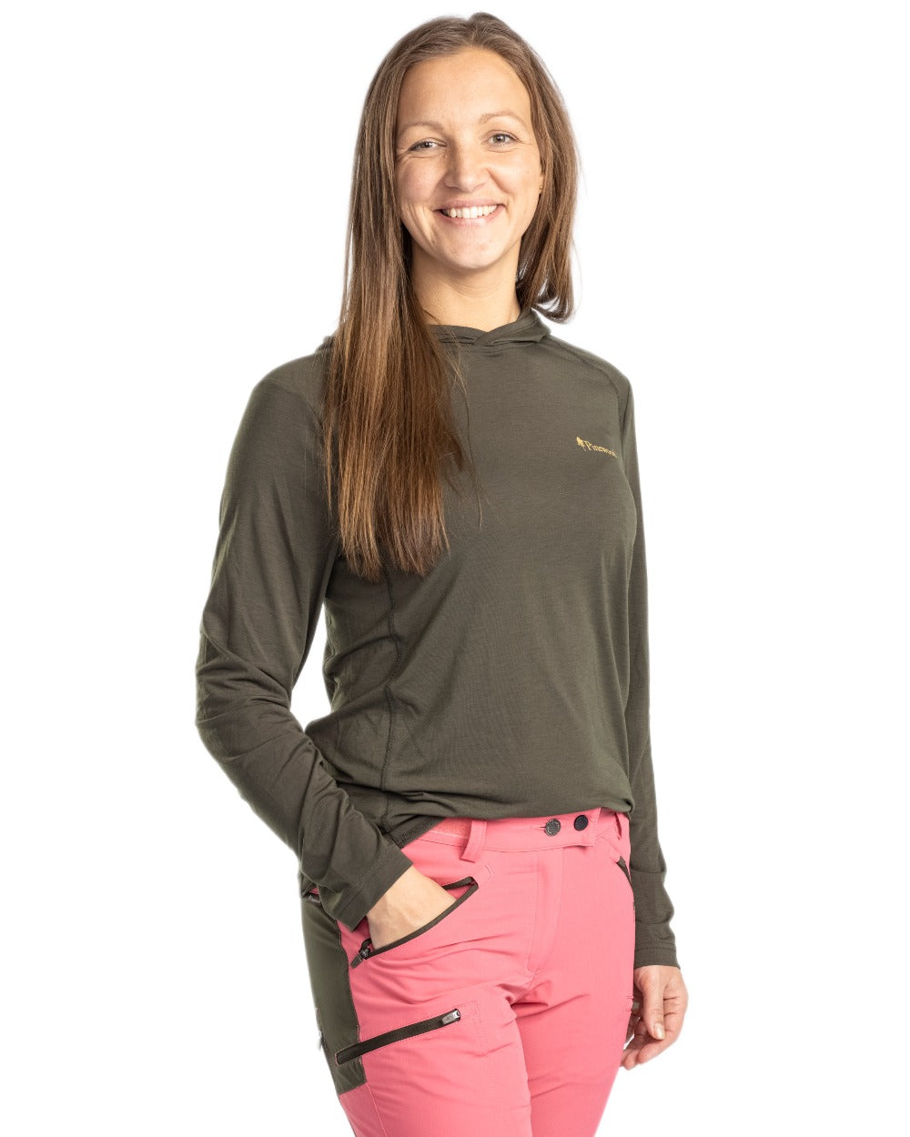 Moss Green coloured Pinewood Womens Insectsafe Function Hoodie on white background 