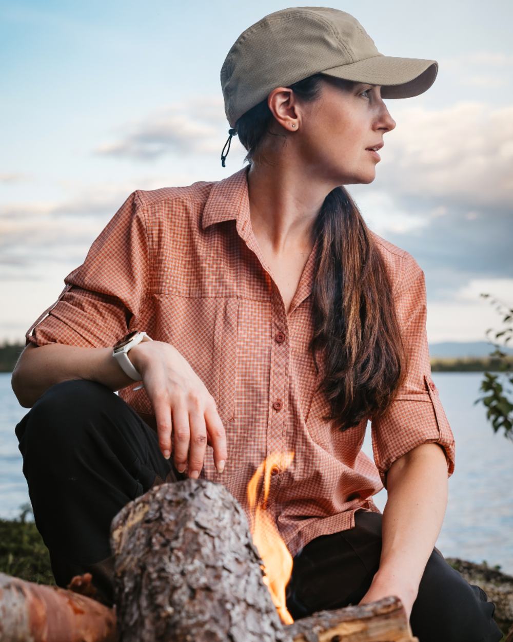 Brick Pink Off White coloured Pinewood Womens Insectsafe Shirt on sea background 
