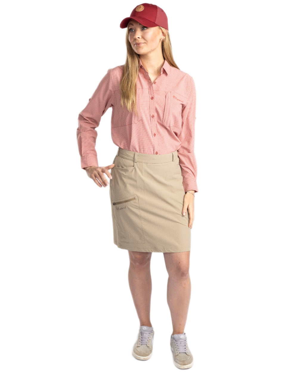 Brick Pink Off White coloured Pinewood Womens Insectsafe Shirt on white background 