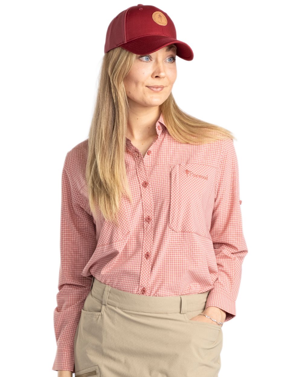 Brick Pink Off White coloured Pinewood Womens Insectsafe Shirt on white background 