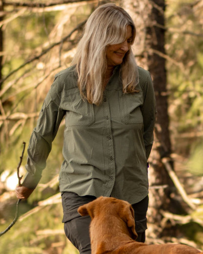 Pine Green Off White coloured Pinewood Womens Insectsafe Shirt on forest background 