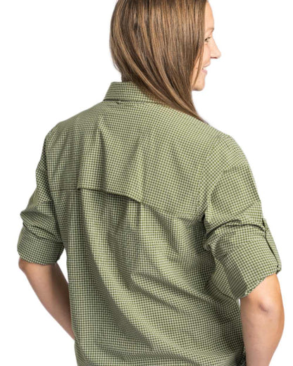 Pine Green Off White coloured Pinewood Womens Insectsafe Shirt on white background 