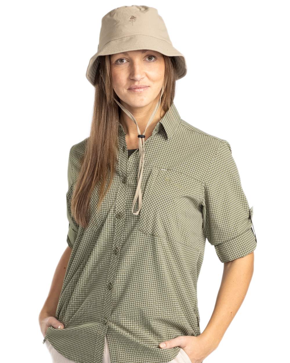 Pine Green Off White coloured Pinewood Womens Insectsafe Shirt on white background 