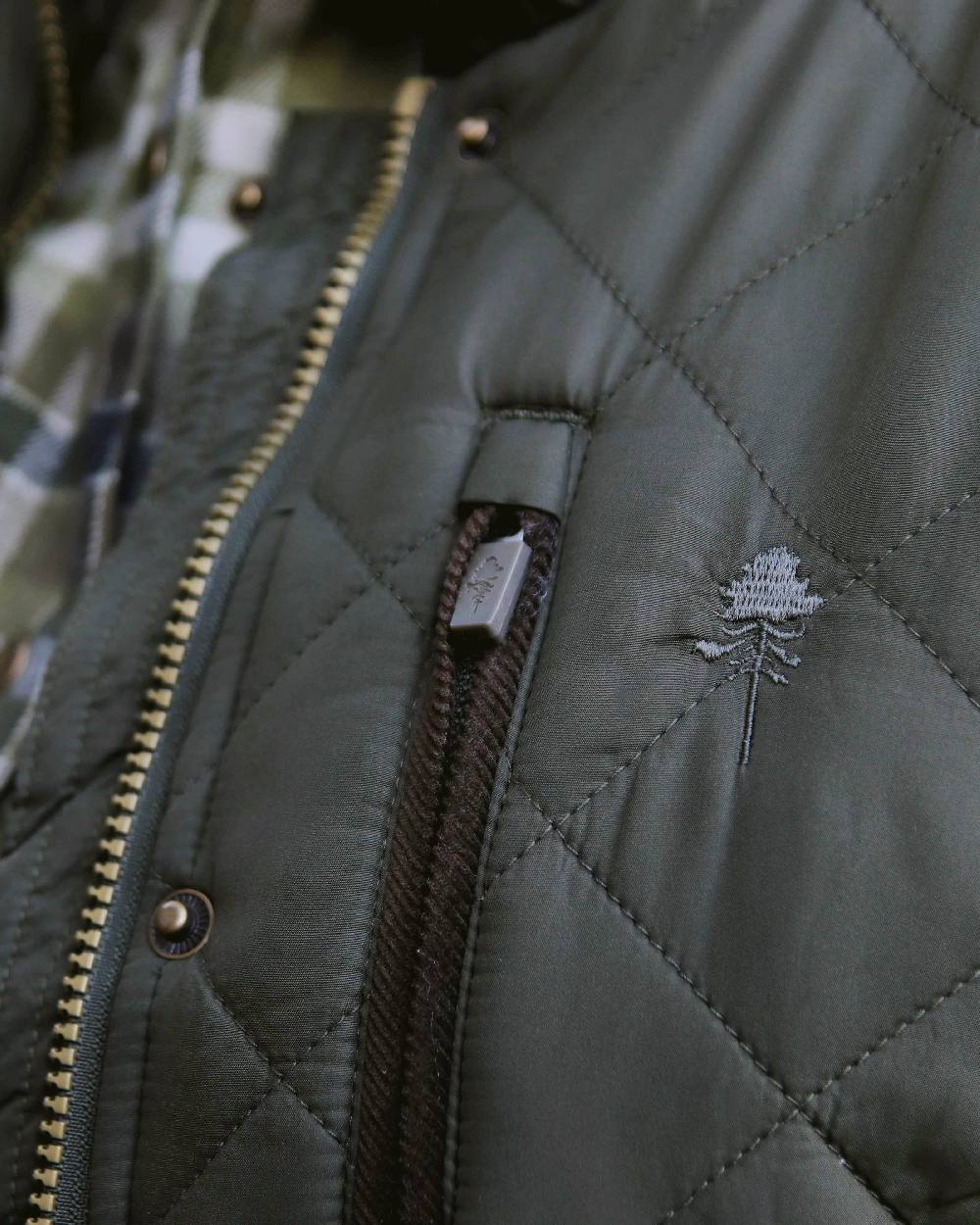 Moss Green Coloured Pinewood Womens Nydala Classic Quilt Jacket on outdoor background 