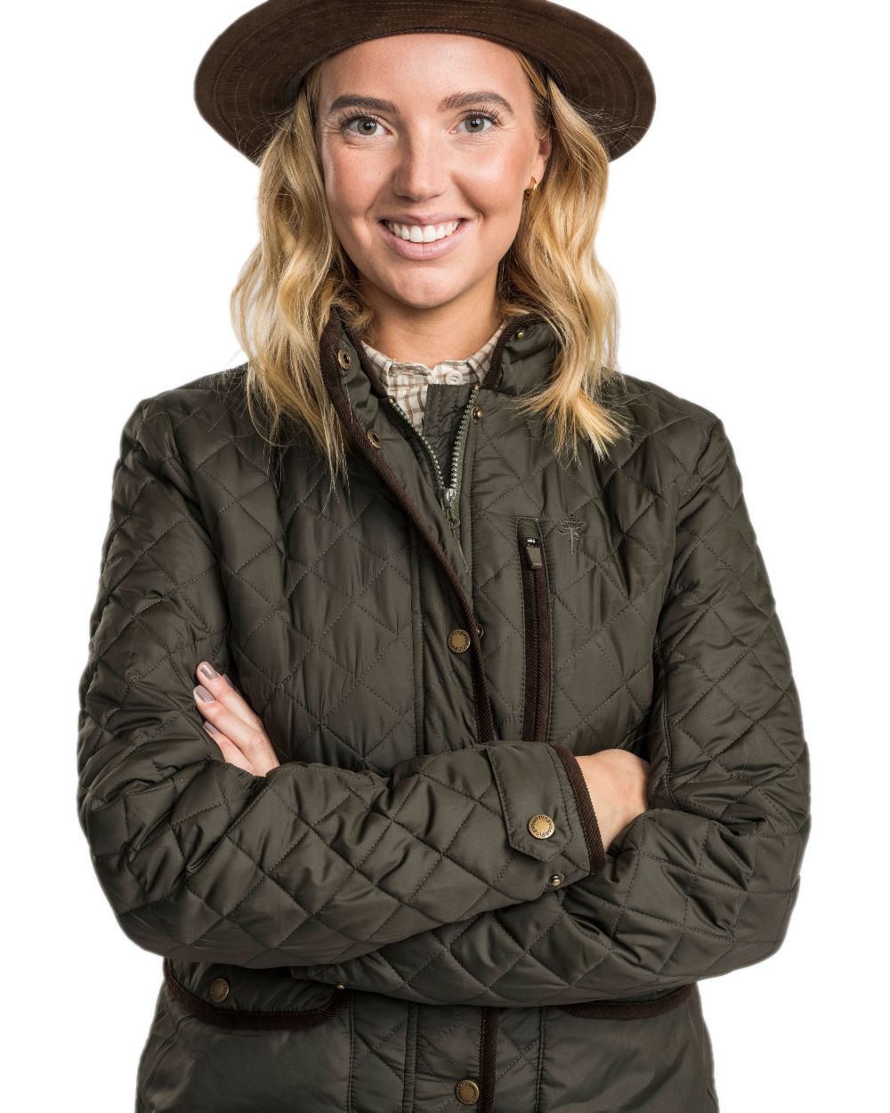 Moss Green Coloured Pinewood Womens Nydala Classic Quilt Jacket on white background 