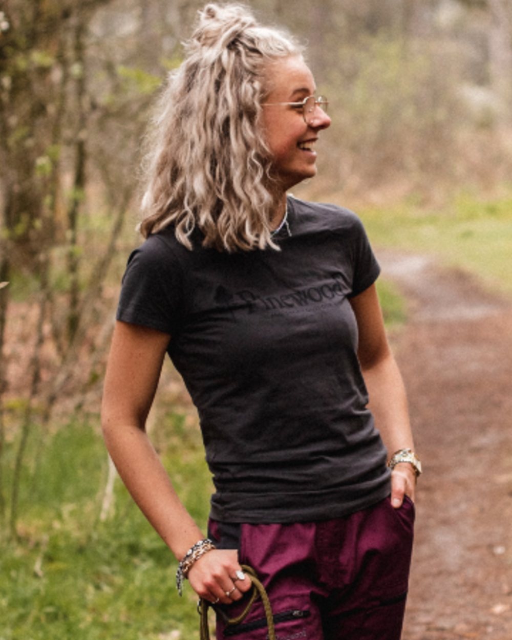 Dark Anthracite coloured Pinewood Womens Outdoor Life T-Shirt on forest background 