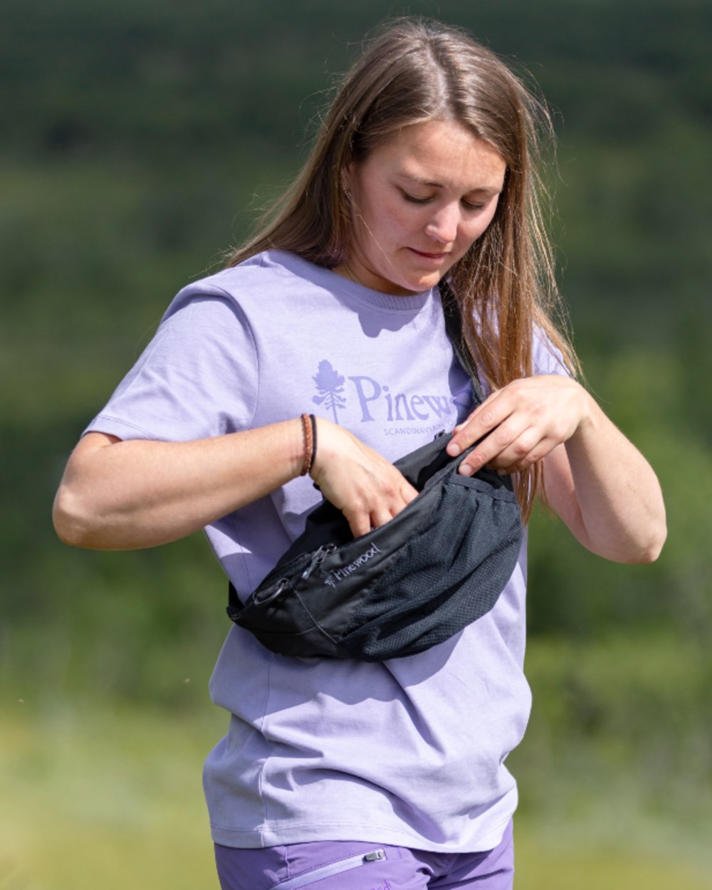 Light Lilac coloured Pinewood Womens Outdoor Life T-Shirt on forest background 
