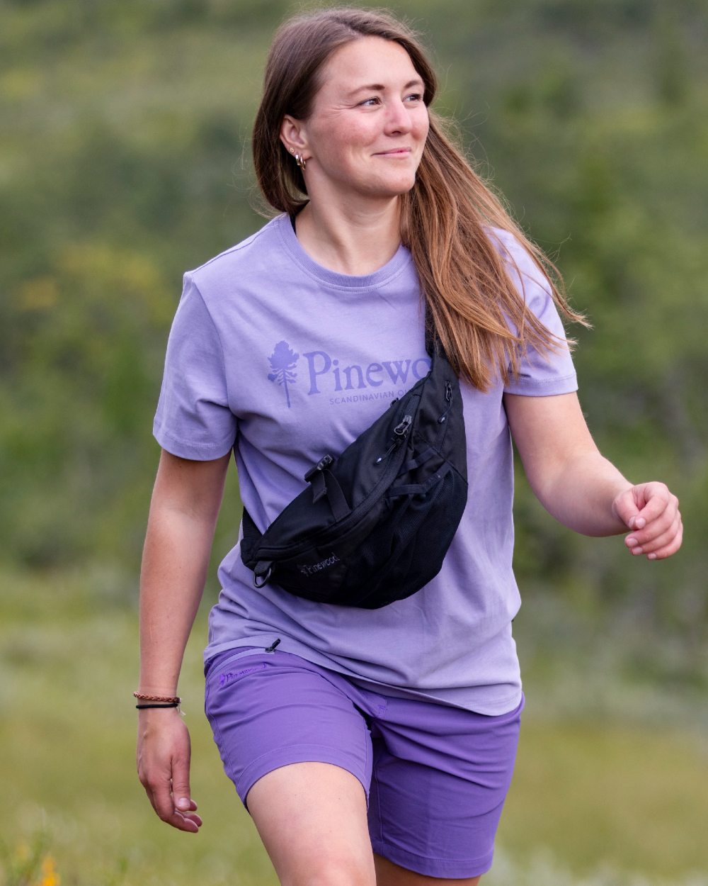 Light Lilac coloured Pinewood Womens Outdoor Life T-Shirt on forest background 