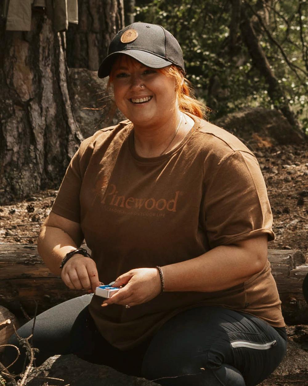 Nougat coloured Pinewood Womens Outdoor Life T-Shirt on forest background 