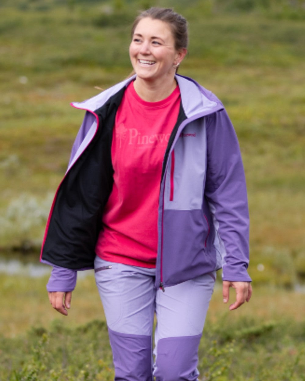 Raspberry Pink coloured Pinewood Womens Outdoor Life T-Shirt on forest background 