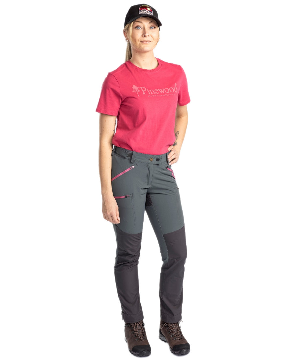 Raspberry Pink coloured Pinewood Womens Outdoor Life T-Shirt on white background 