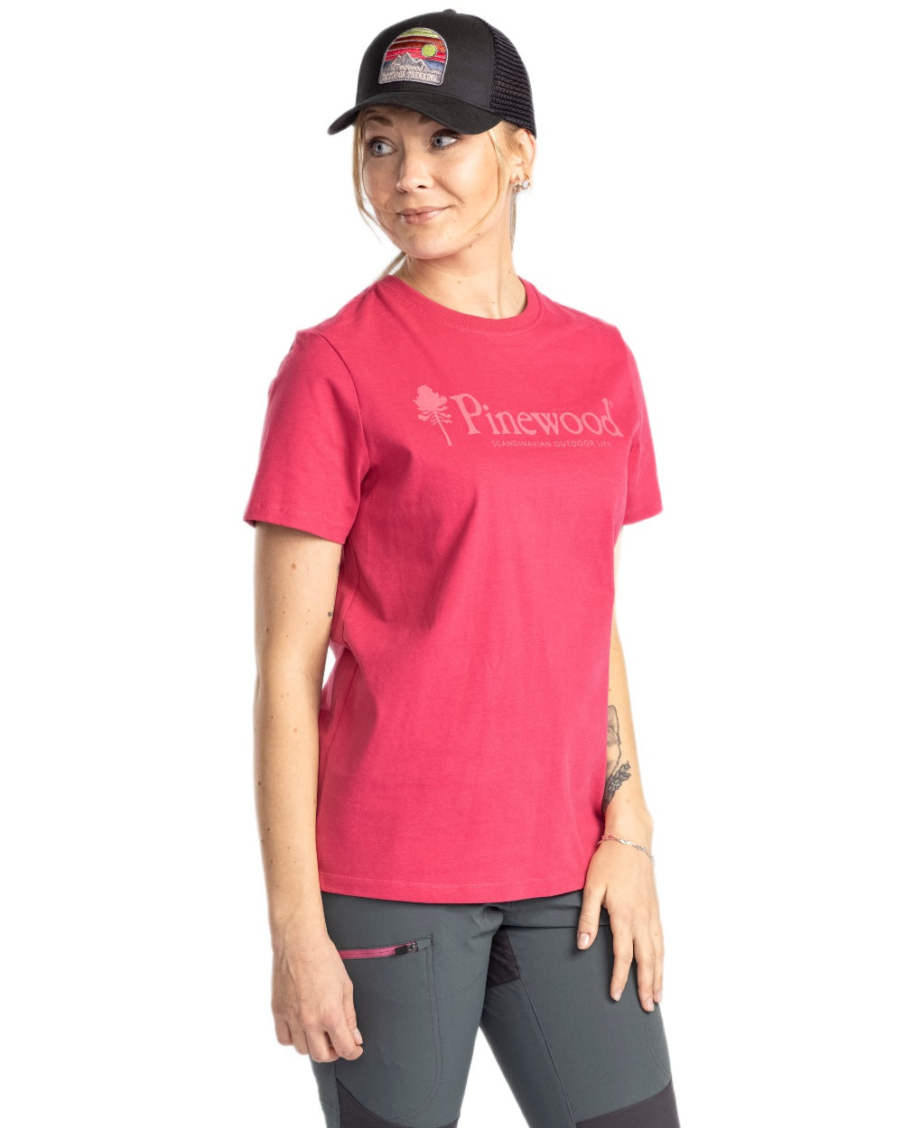 Raspberry Pink coloured Pinewood Womens Outdoor Life T-Shirt on white background 