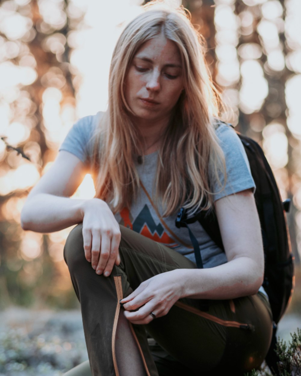 Light Grey Melange coloured Pinewood Womens Outdoor Trekker T-Shirt on forest background 