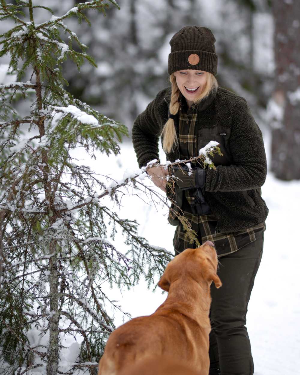 Dark Green Green Coloured Pinewood Womens Prestwick Exclusive Shirt on snow background 