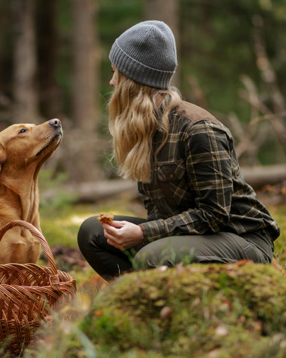 Dark Green Green Coloured Pinewood Womens Prestwick Exclusive Shirt on forest background 