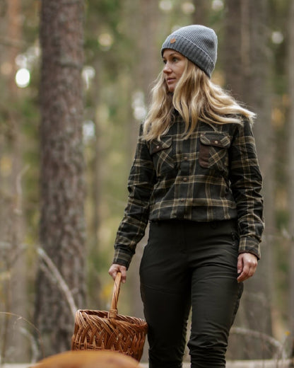 Dark Green Green Coloured Pinewood Womens Prestwick Exclusive Shirt on forest background 