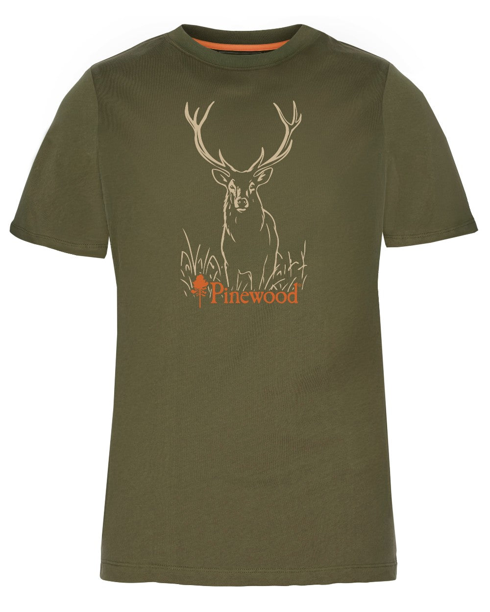 Olive coloured Pinewood Womens Red Deer T-Shirt on white background 
