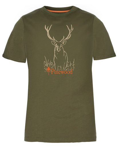 Olive coloured Pinewood Womens Red Deer T-Shirt on white background 