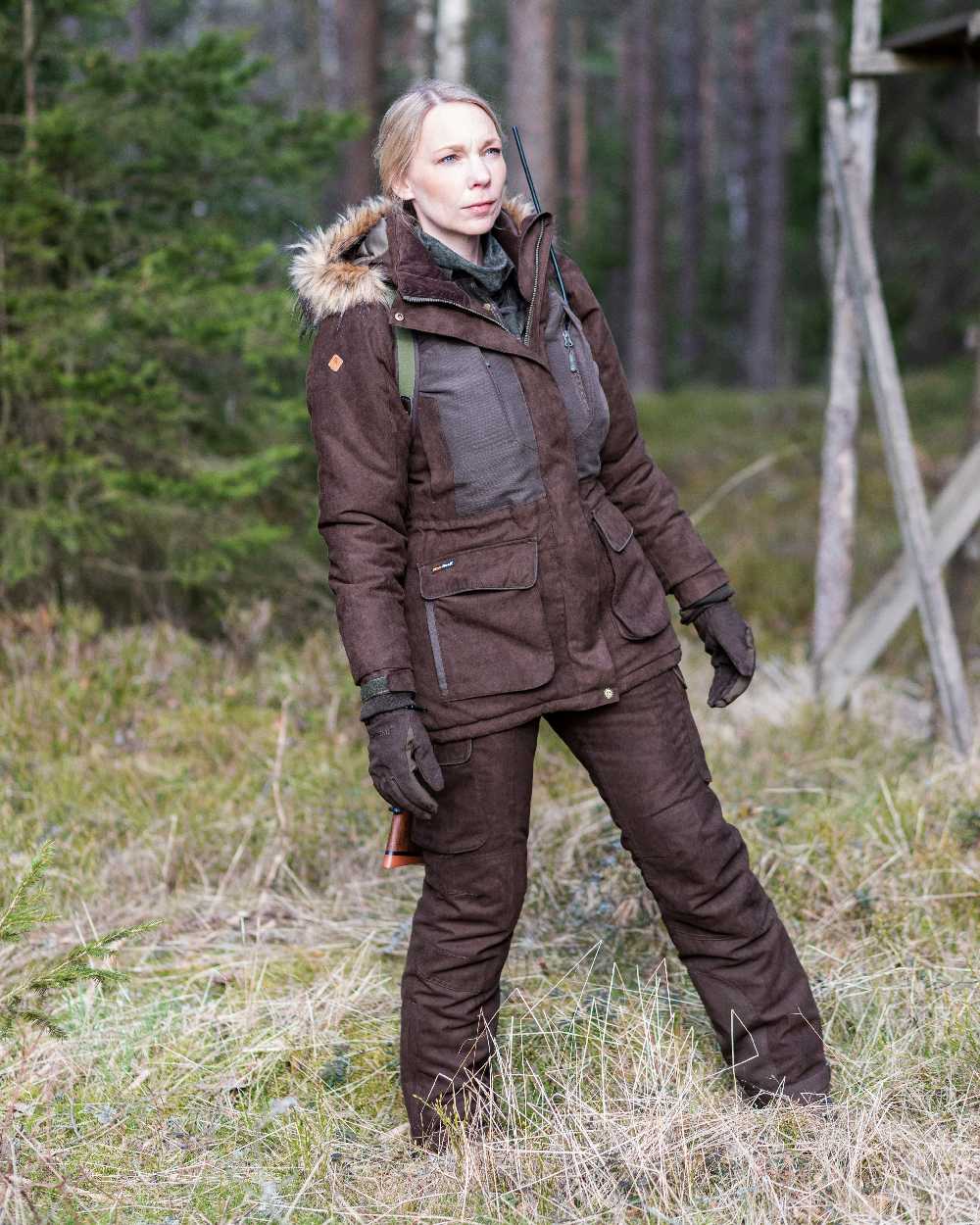 Suede Brown Coloured Pinewood Womens Smaland Abisko 2.0 Hunting Jacket on forest background 