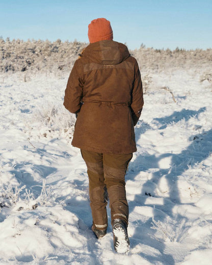 Suede Brown Coloured Pinewood Womens Smaland Abisko 2.0 Hunting Jacket on snow background 