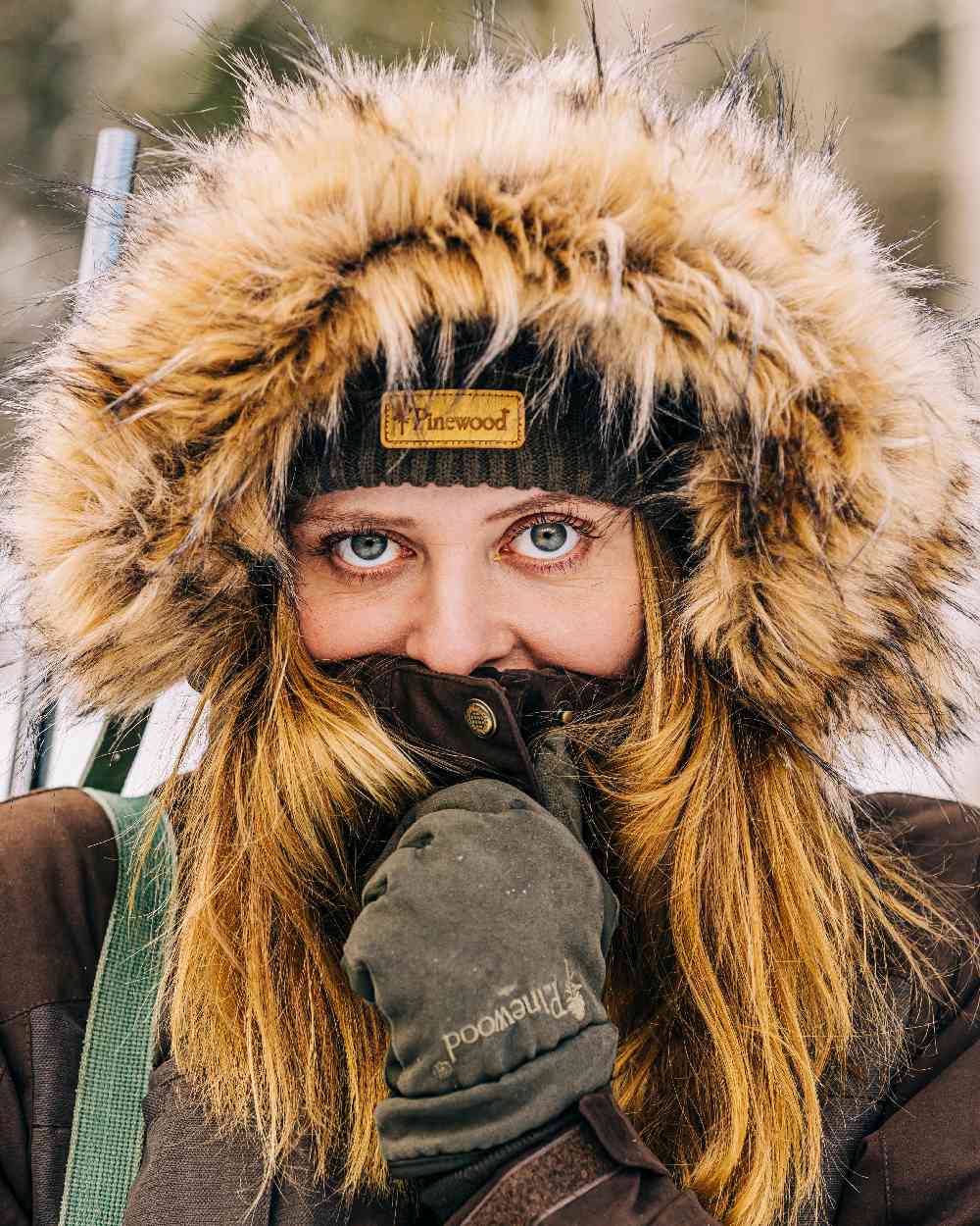 Suede Brown Coloured Pinewood Womens Smaland Abisko 2.0 Hunting Jacket on snow background 