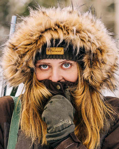 Suede Brown Coloured Pinewood Womens Smaland Abisko 2.0 Hunting Jacket on snow background 