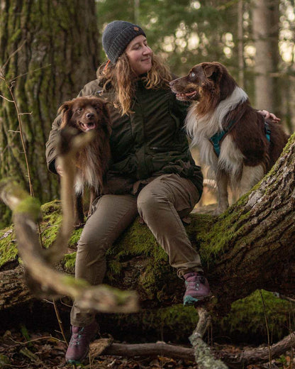 Hunting Green coloured Pinewood Womens Smaland Forest Padded Jacket on forest background 