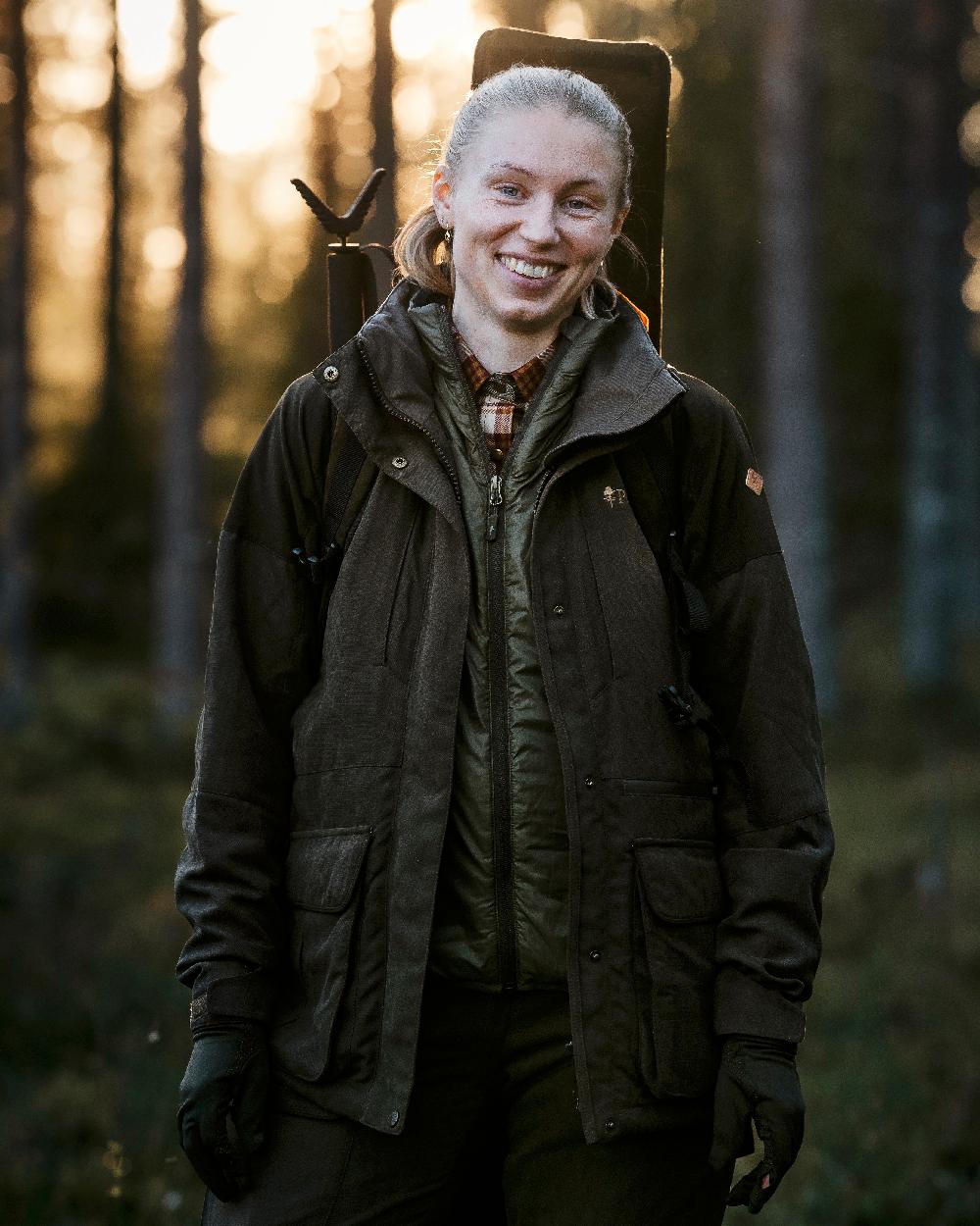 Suede Brown Coloured Pinewood Womens Smaland Hunters Jacket on forest background 