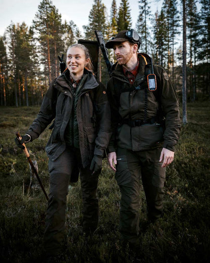 Suede Brown Coloured Pinewood Womens Smaland Hunters Jacket on forest background 