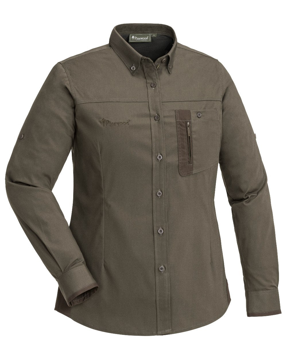 Dark Olive Suede Brown coloured Pinewood Womens Tiveden Tc-Stretch Naturesafe Shirt on white background 