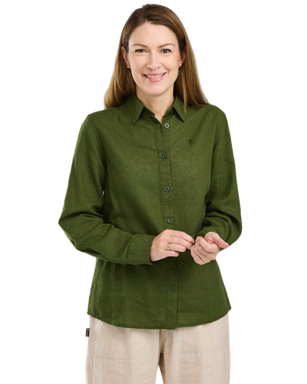 Pine Green coloured Pinewood Womens Varnamo InsectSafe Hemp Mix Long Sleeve Shirt on white background 