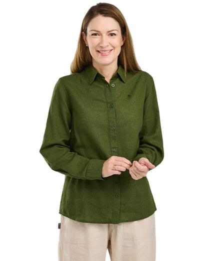 Pine Green coloured Pinewood Womens Varnamo InsectSafe Hemp Mix Long Sleeve Shirt on white background 