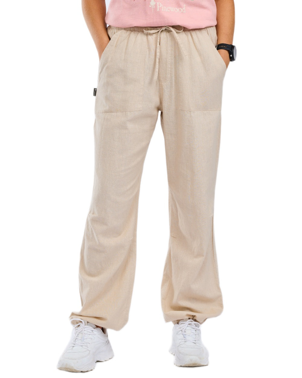 Linen Beige coloured Pinewood Womens Varnamo InsectSafe Hemp Mix Trousers on white background 
