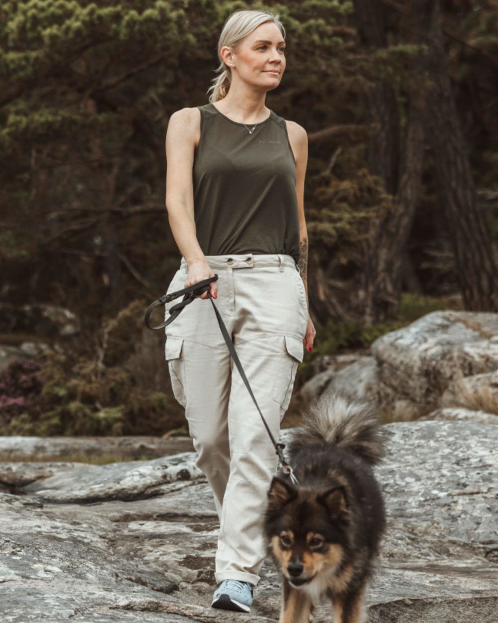 Linen Beige coloured Pinewood Womens Varnamo Insectsafe Linen Trousers on forest background 