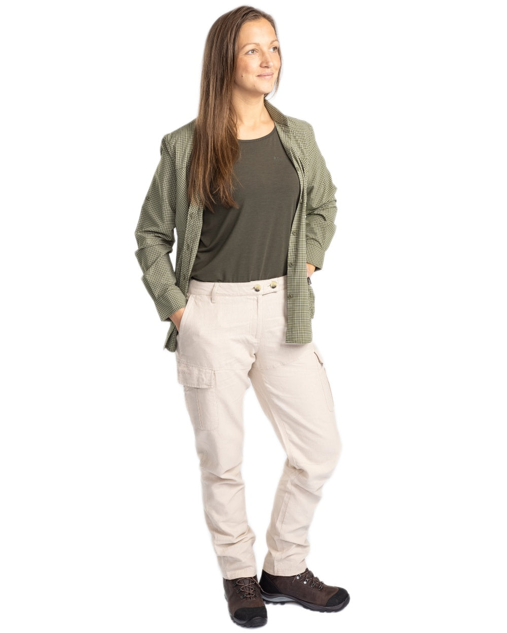Linen Beige coloured Pinewood Womens Varnamo Insectsafe Linen Trousers on white background 