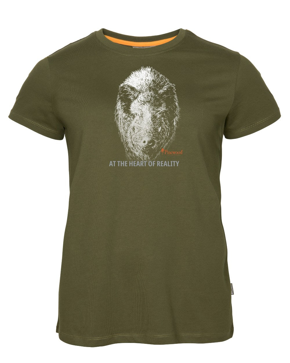Hunter Olive coloured Pinewood Womens Wild Boar T-Shirt on white background 