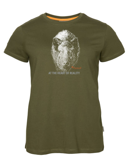 Hunter Olive coloured Pinewood Womens Wild Boar T-Shirt on white background 