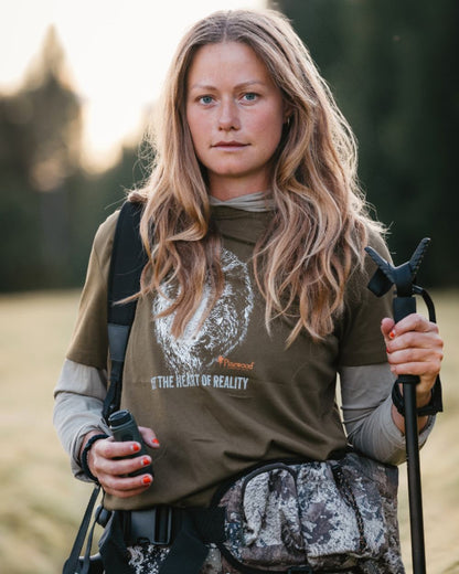 Hunter Olive coloured Pinewood Womens Wild Boar T-Shirt on blurry background 