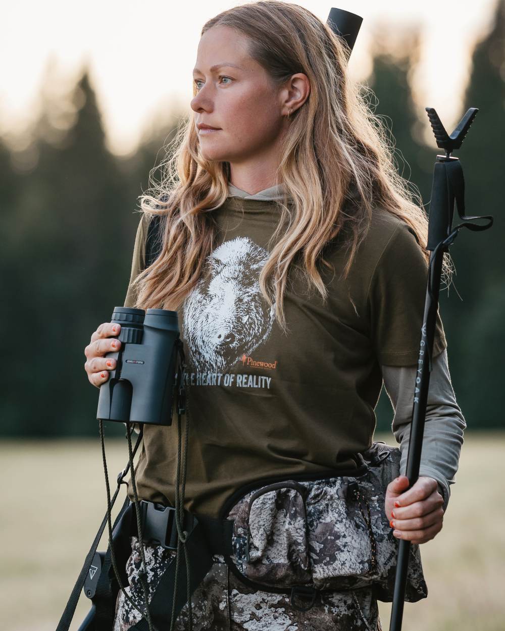 Hunter Olive coloured Pinewood Womens Wild Boar T-Shirt on blurry background 