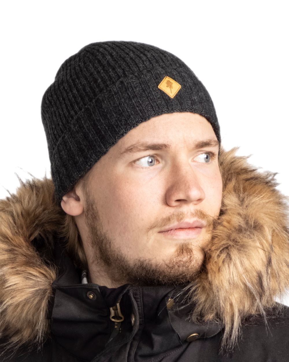 Dark Anthracite Mel Coloured Pinewood Wool Knitted Hat on white background 