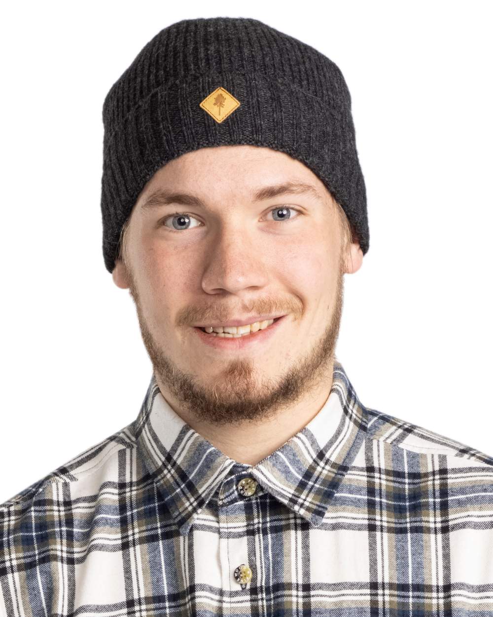 Dark Anthracite Mel Coloured Pinewood Wool Knitted Hat on white background 