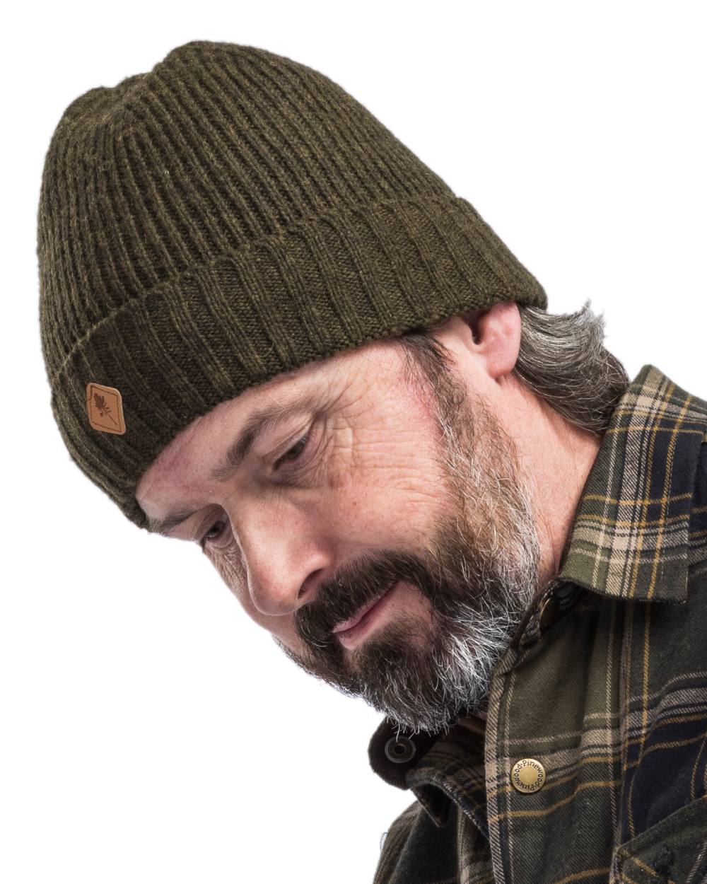 Mossgreen Mel Coloured Pinewood Wool Knitted Hat on white background 